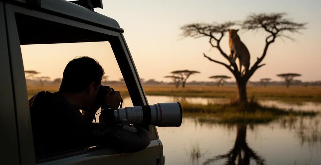 Wildlife photographer in the Okavango Delta capturing a leopard in golden hour light