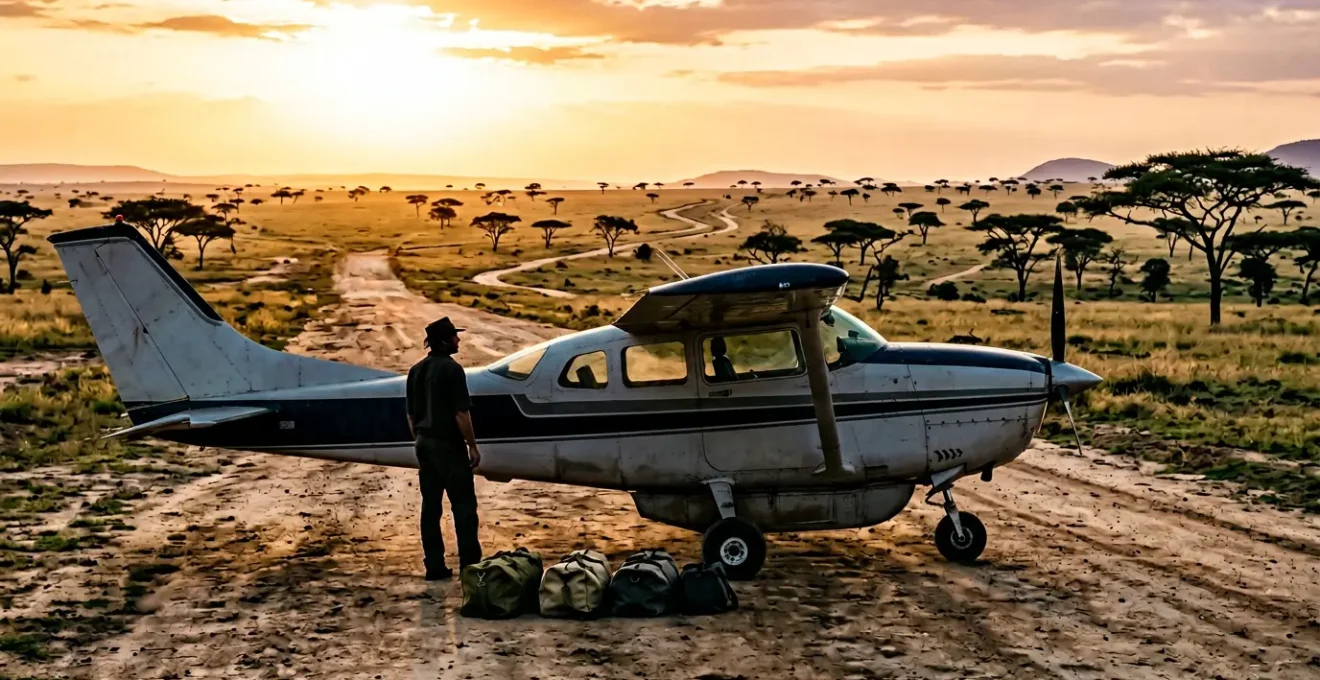 Pilot examining soft duffel bags near small aircraft in African airstrip