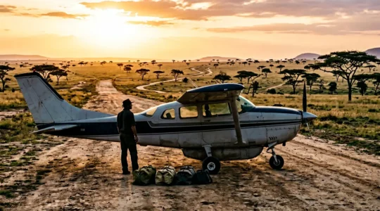 Pilot examining soft duffel bags near small aircraft in African airstrip