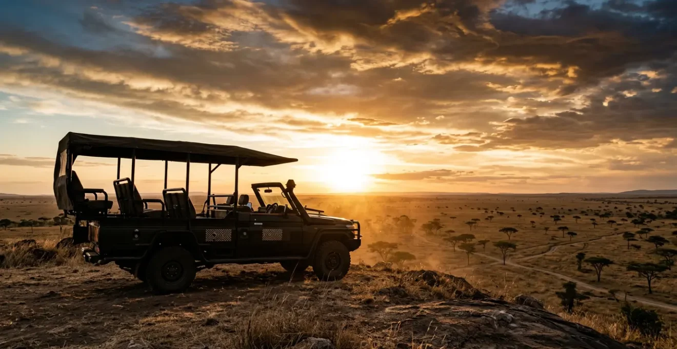 Luxury safari vehicle positioned for optimal wildlife viewing during golden hour with dramatic African landscape
