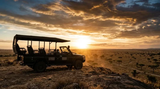Luxury safari vehicle positioned for optimal wildlife viewing during golden hour with dramatic African landscape