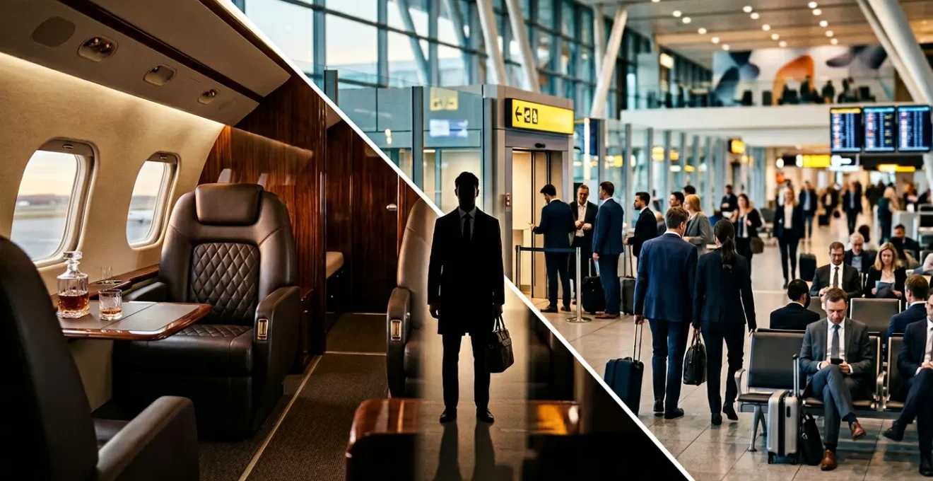 Split composition showing luxury private jet cabin on left and crowded commercial airline on right with business travelers considering both options