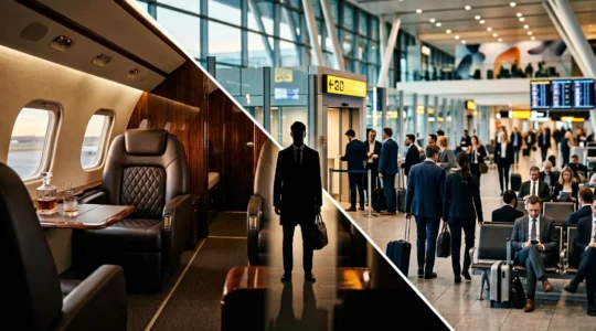 Split composition showing luxury private jet cabin on left and crowded commercial airline on right with business travelers considering both options