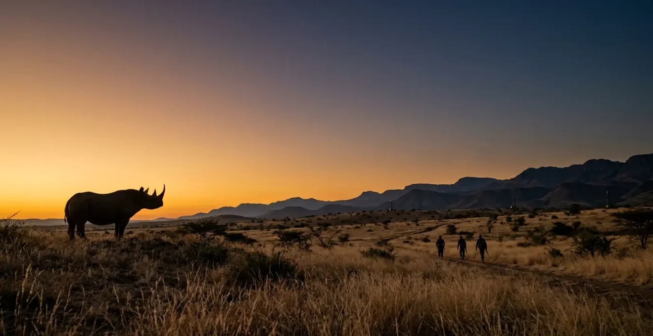 Black rhino silhouetted at dusk with ranger patrol and thermal cameras in background