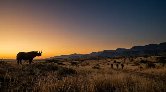 Black rhino silhouetted at dusk with ranger patrol and thermal cameras in background