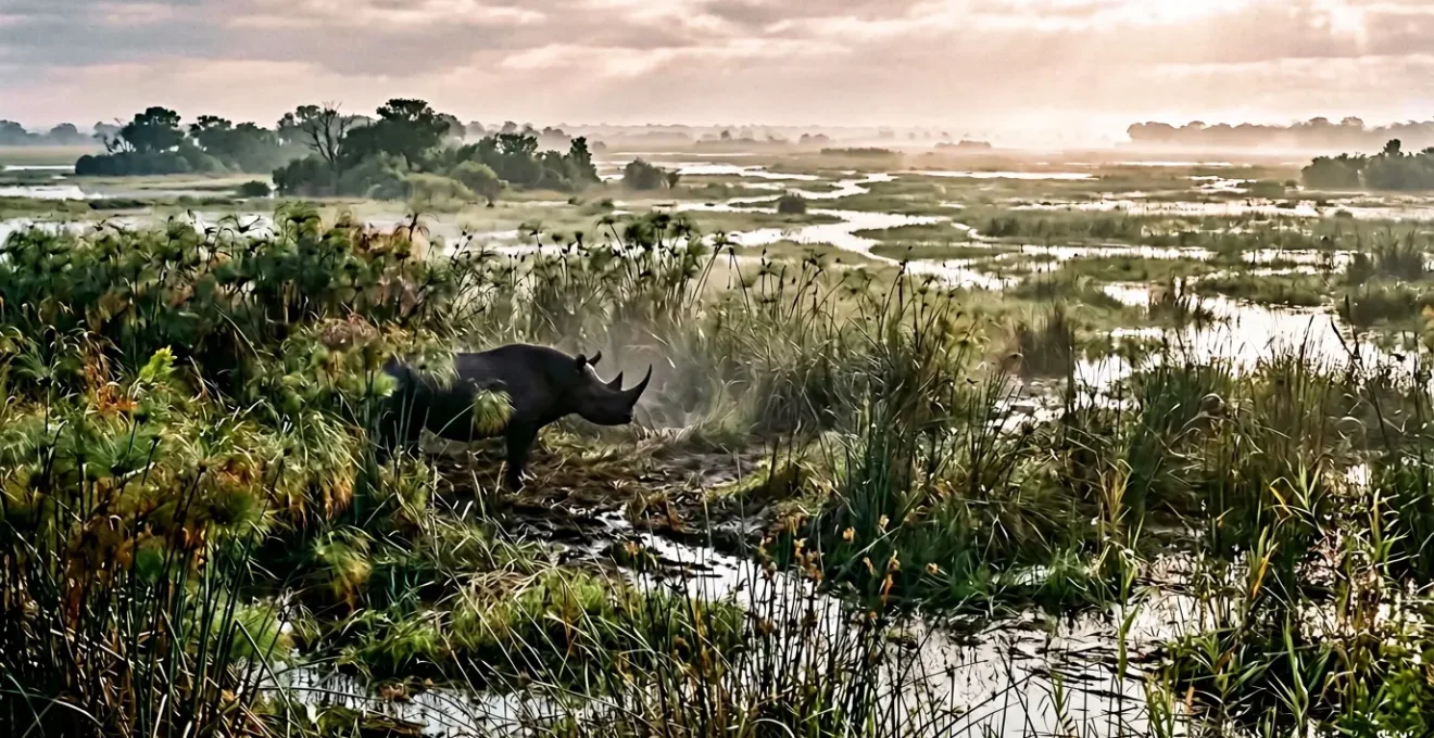 Black rhino partially hidden behind dense mopane thickets in misty morning light