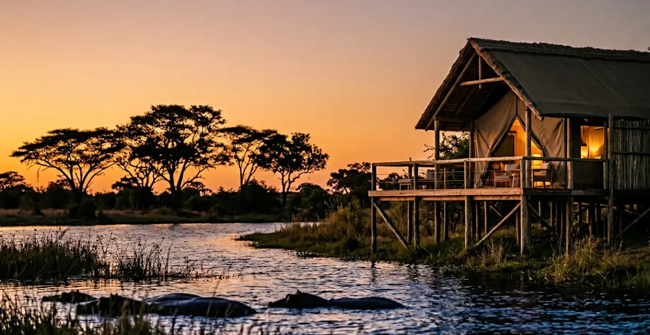 Luxury riverfront safari suite at twilight with hippos visible in the water
