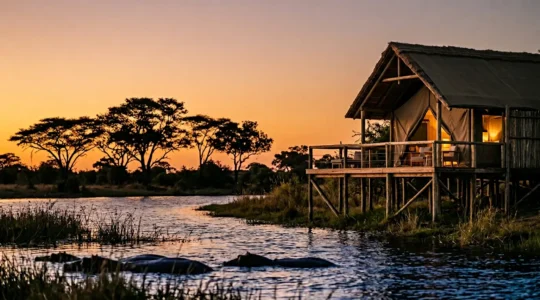 Luxury riverfront safari suite at twilight with hippos visible in the water