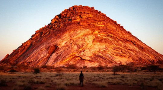 Ancient rock paintings on sandstone cliff face at Tsodilo Hills with San guide pointing to spiritual symbols