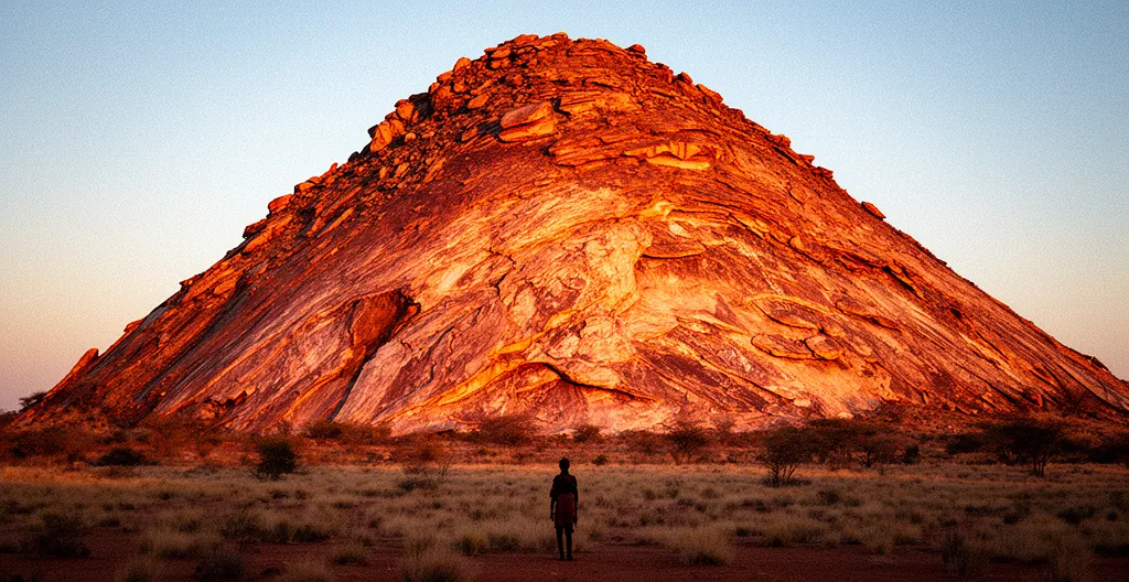 Ancient rock paintings on sandstone cliff face at Tsodilo Hills with San guide pointing to spiritual symbols