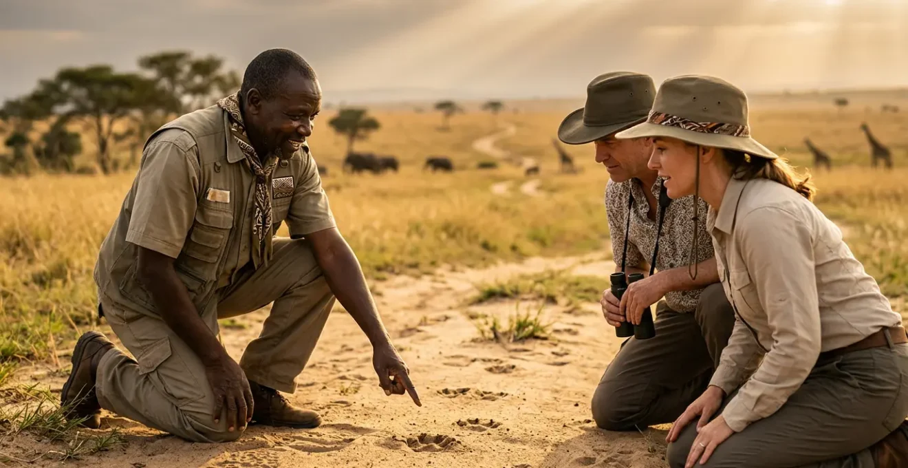 Experienced safari guide examining animal tracks with diverse travelers in African wilderness