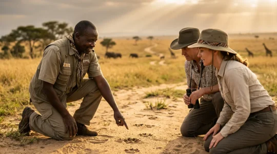 Experienced safari guide examining animal tracks with diverse travelers in African wilderness