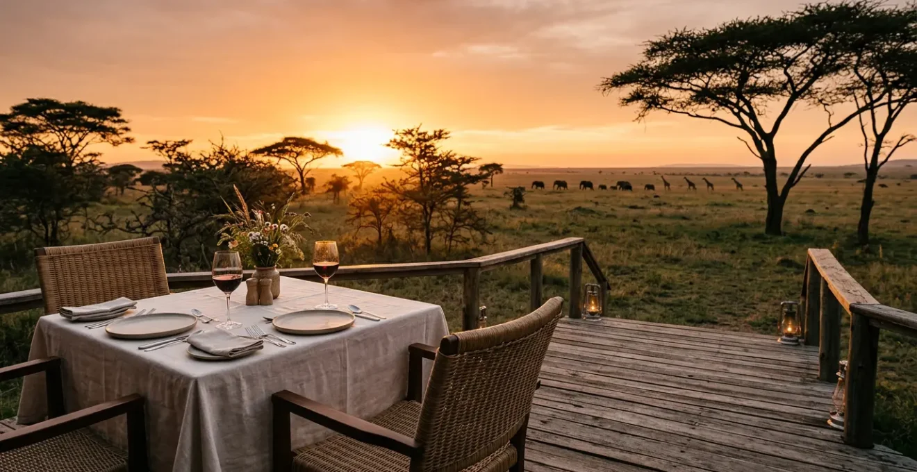 Luxurious safari lodge dining experience showcasing evening ambiance with natural savanna backdrop