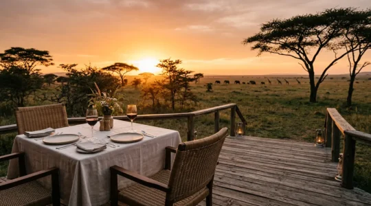 Luxurious safari lodge dining experience showcasing evening ambiance with natural savanna backdrop