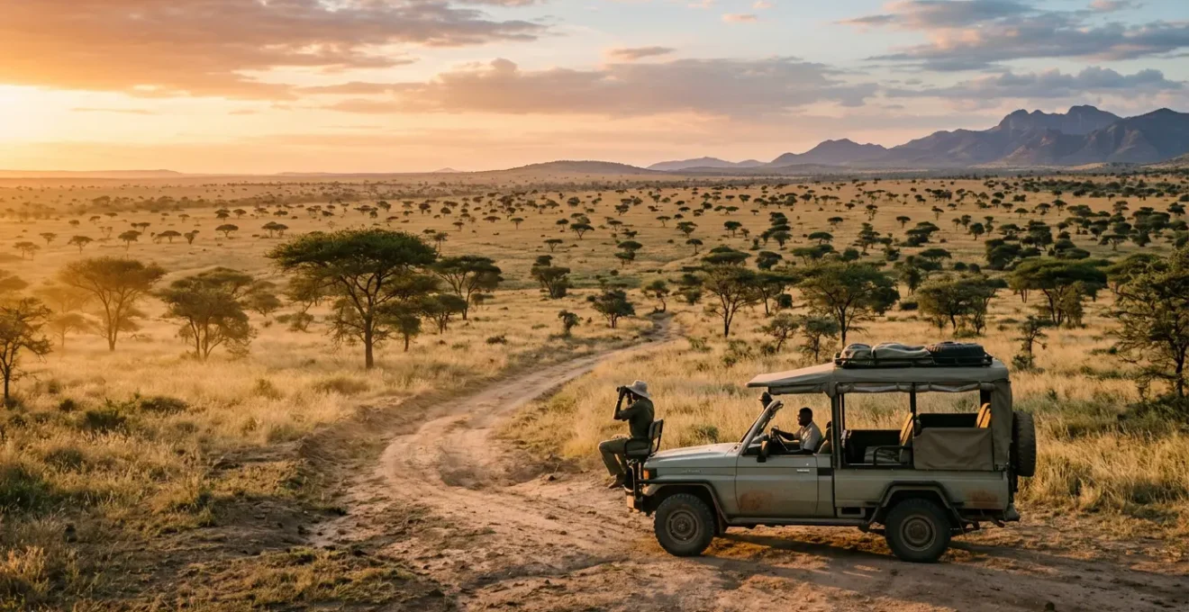 Safari tracker sitting on the front of a Land Rover at dawn with guide driving through African bush
