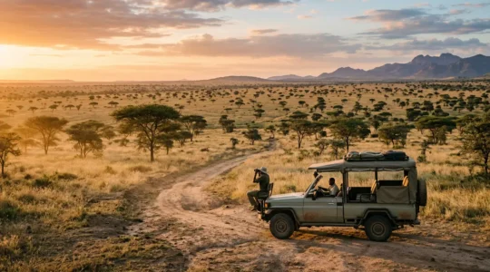 Safari tracker sitting on the front of a Land Rover at dawn with guide driving through African bush