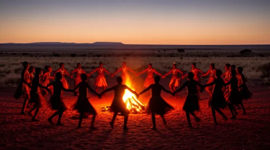Traditional San healing dance performed at dawn in the Kalahari Desert