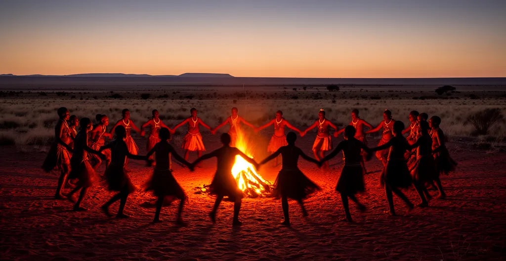Traditional San healing dance performed at dawn in the Kalahari Desert