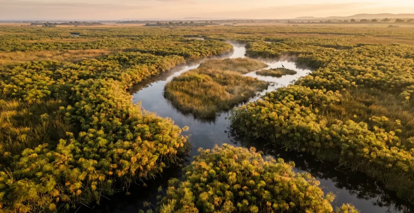 Aerial view of papyrus reed beds with channels winding through dense green vegetation in golden hour light