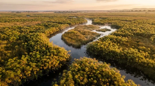 Aerial view of papyrus reed beds with channels winding through dense green vegetation in golden hour light