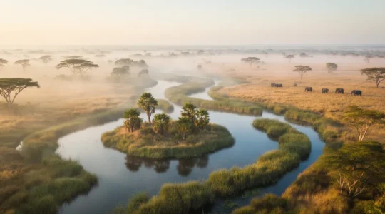 Misty dawn over Okavango Delta waterways with silhouettes of acacia trees and distant elephants