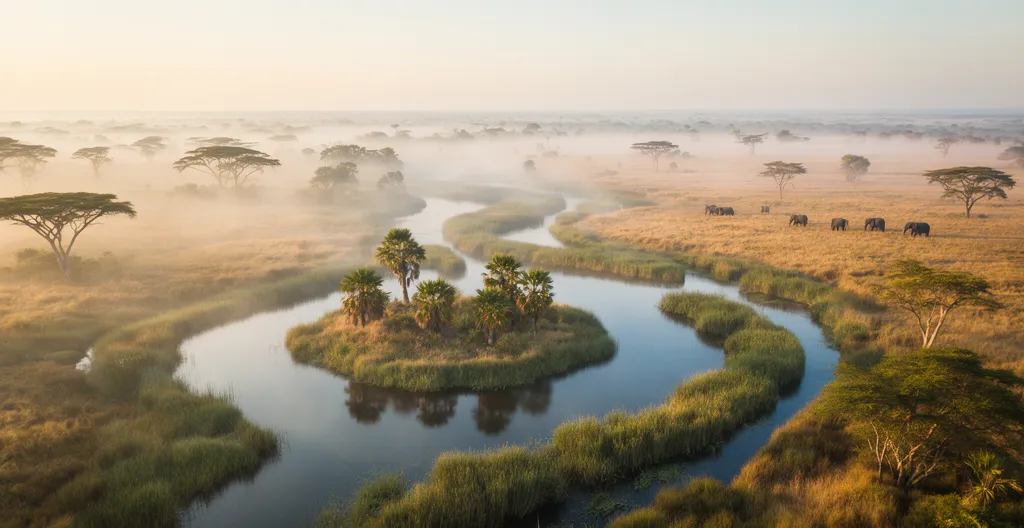 Misty dawn over Okavango Delta waterways with silhouettes of acacia trees and distant elephants