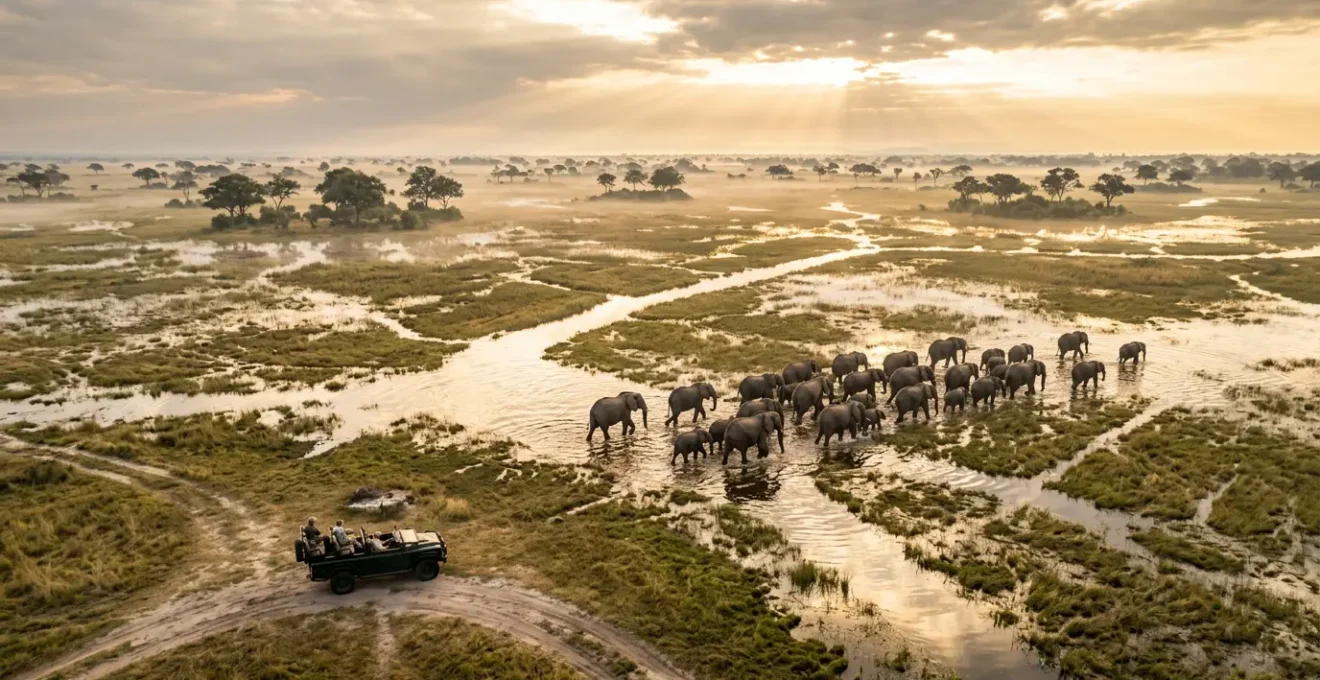 Electric safari vehicle silently observing elephant herd in misty Okavango Delta dawn