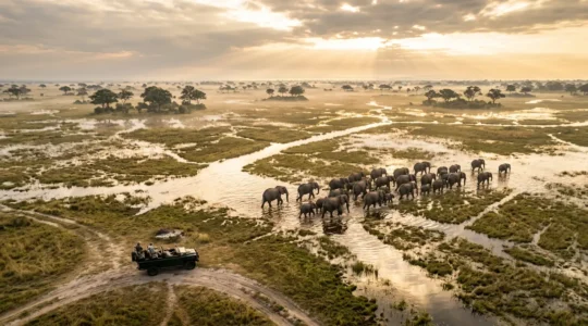 Electric safari vehicle silently observing elephant herd in misty Okavango Delta dawn