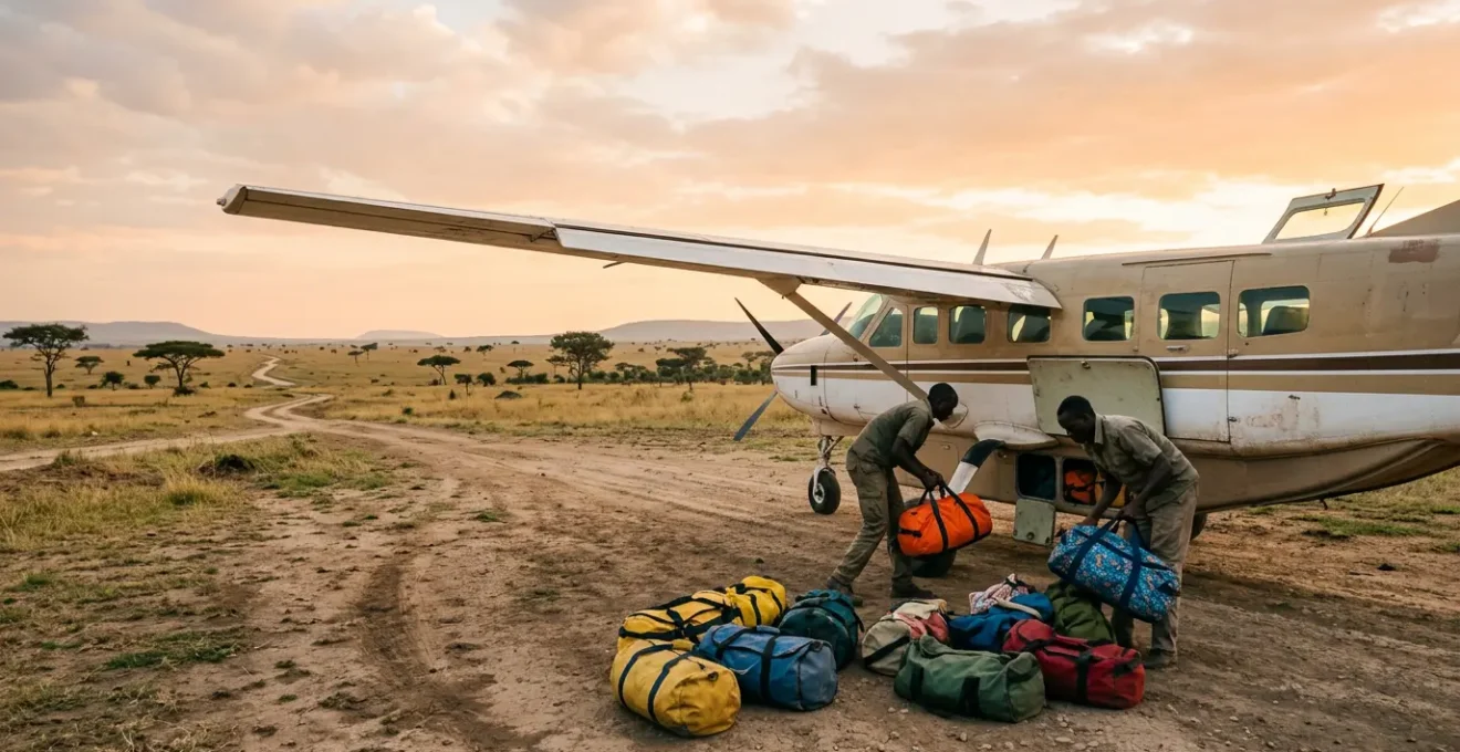 Ground crew loading soft-sided duffel bags into the cargo pod of a small bush plane on an African airstrip