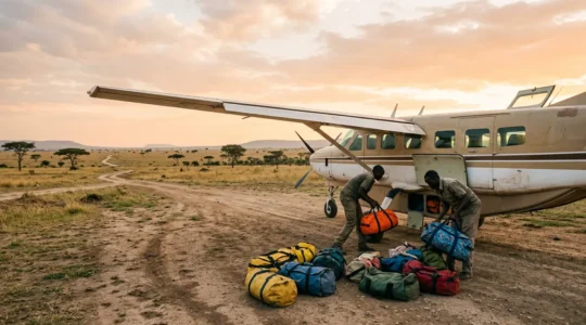 Ground crew loading soft-sided duffel bags into the cargo pod of a small bush plane on an African airstrip