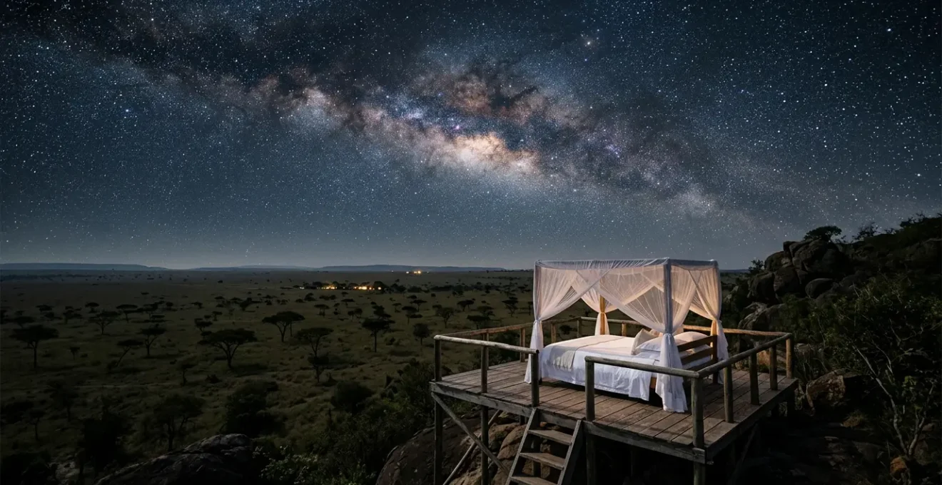 Luxurious star bed platform overlooking African savanna under starlit sky