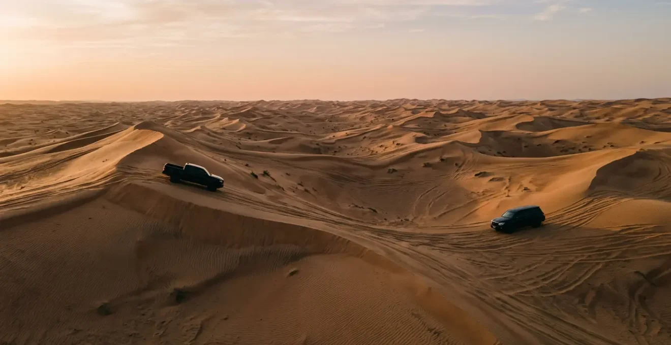Toyota Hilux and Land Cruiser crossing deep sand dunes in dramatic golden hour lighting