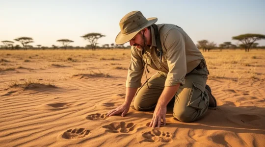Wildlife tracker examining animal footprints in Botswana sand during golden hour