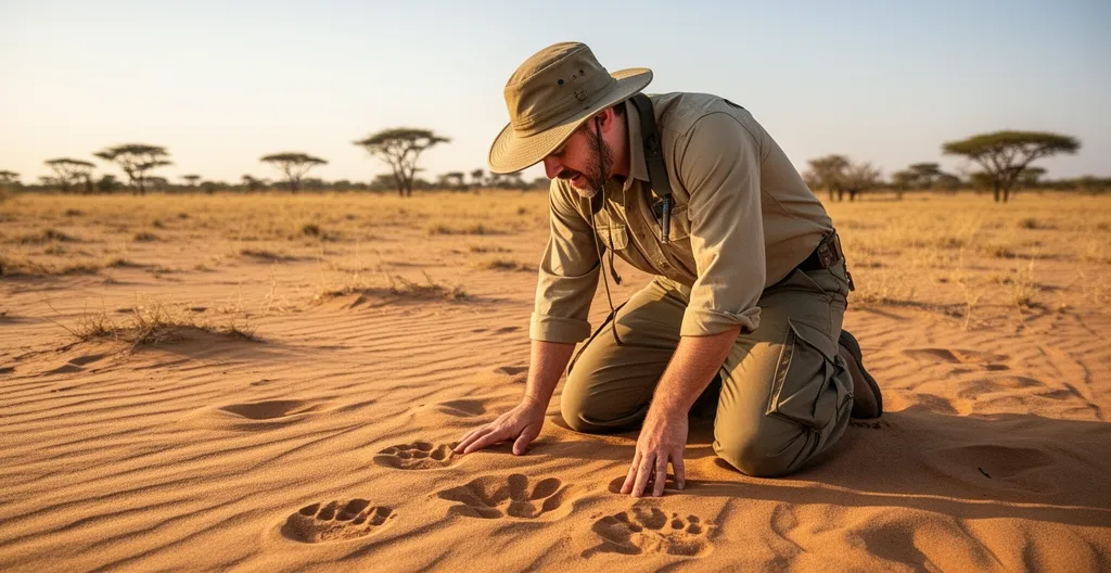 Wildlife tracker examining animal footprints in Botswana sand during golden hour