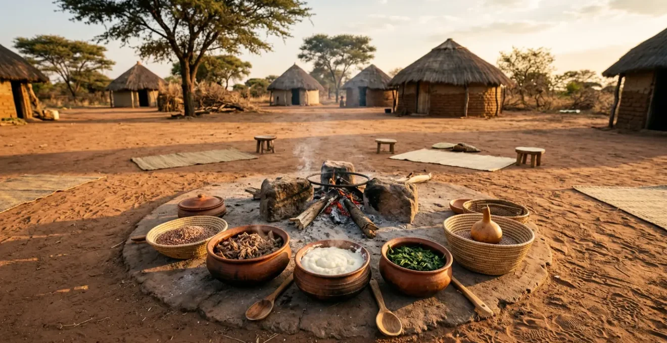 Traditional Botswana feast with seswaa, pap, and morogo served around a communal fire setting