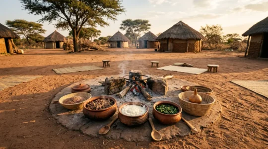 Traditional Botswana feast with seswaa, pap, and morogo served around a communal fire setting