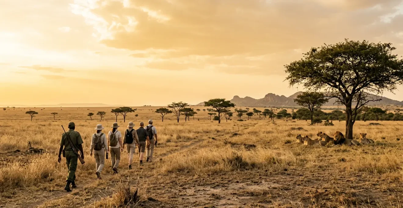 Walking safari guide leading a small group through African savanna with lions visible in the distance