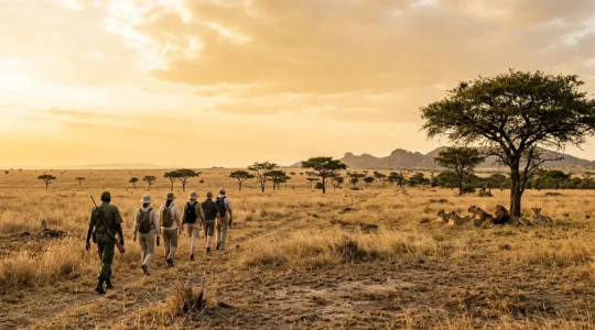 Walking safari guide leading a small group through African savanna with lions visible in the distance