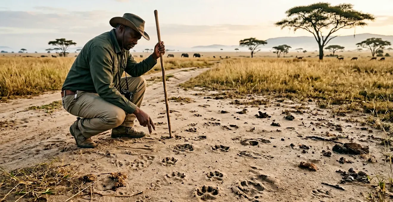 Professional safari guide examining fresh animal tracks in African savanna
