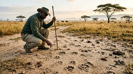 Professional safari guide examining fresh animal tracks in African savanna