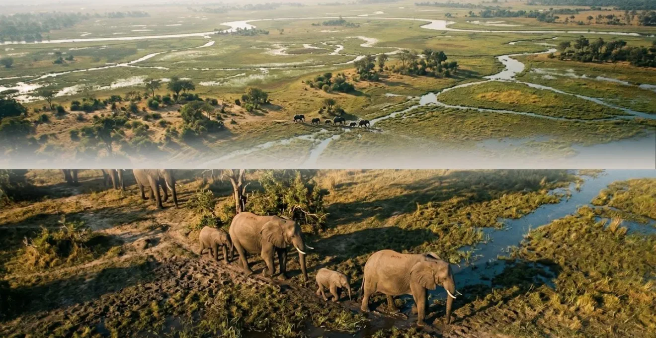 Vertical comparison showing same elephant herd viewed from helicopter at 200 feet versus plane at 500 feet altitude