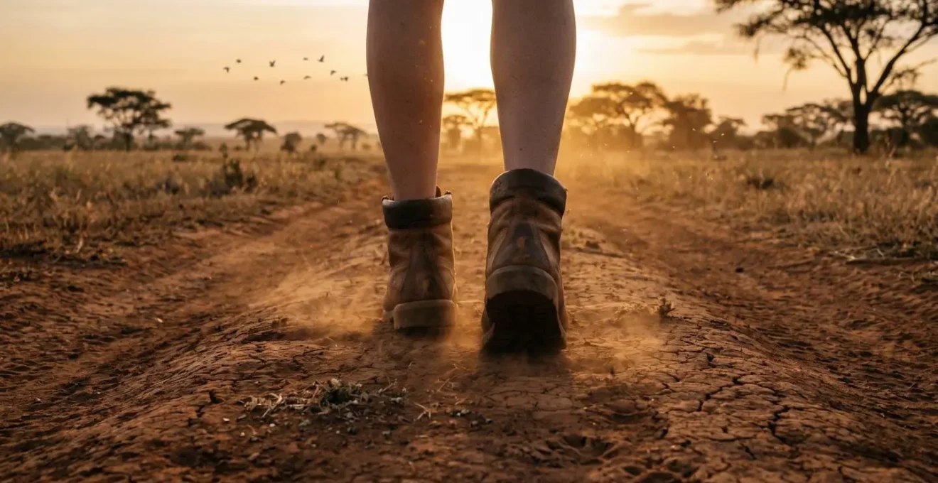 Walker's perspective of African savanna at golden hour with dust particles and acacia trees