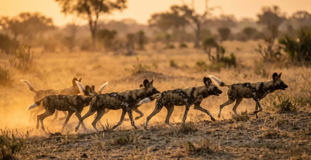 Pack of African wild dogs in early morning light
