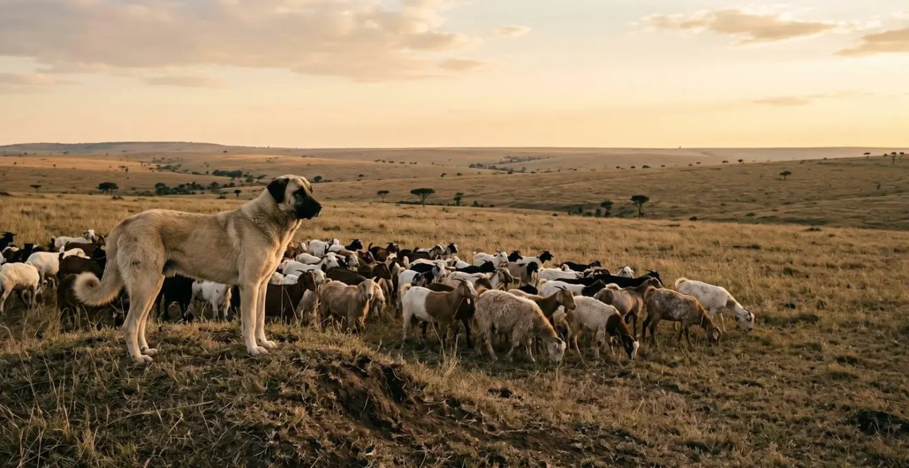 Large Anatolian Shepherd dog standing alert among goat herd in African savanna landscape