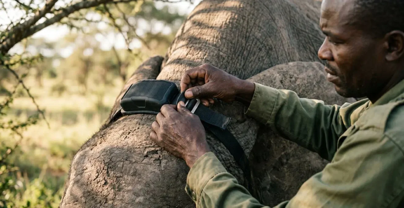 Close-up of conservation ranger's hands working with tracking equipment in African bush