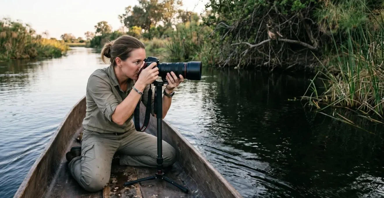 Photographer using monopod braced against boat floor while pre-focusing on a calm eddy
