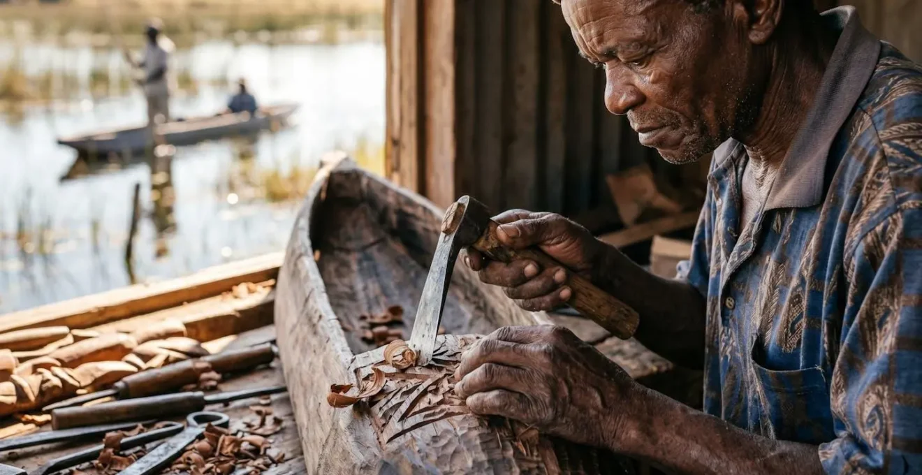 Traditional mokoro boat being carved and poled through Delta waters