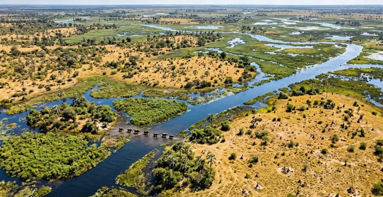 Aerial view of Okavango Delta waterways and islands showing safari route