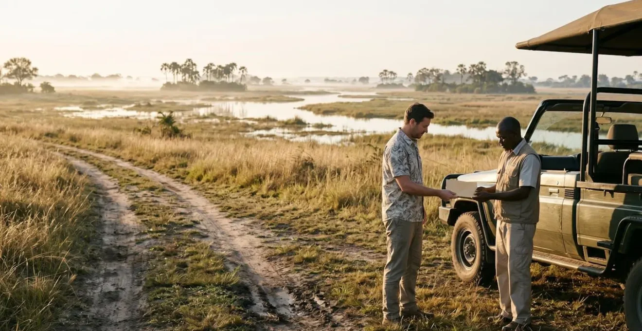Discreet moment of gratitude as guest hands envelope to safari guide with Okavango Delta backdrop