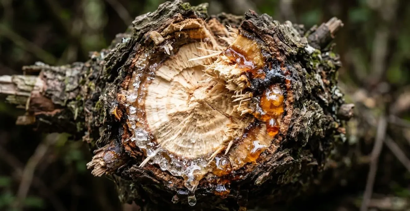 An extreme close-up of a freshly broken acacia branch, showing the wet sap and wood fibers that indicate a recent break.